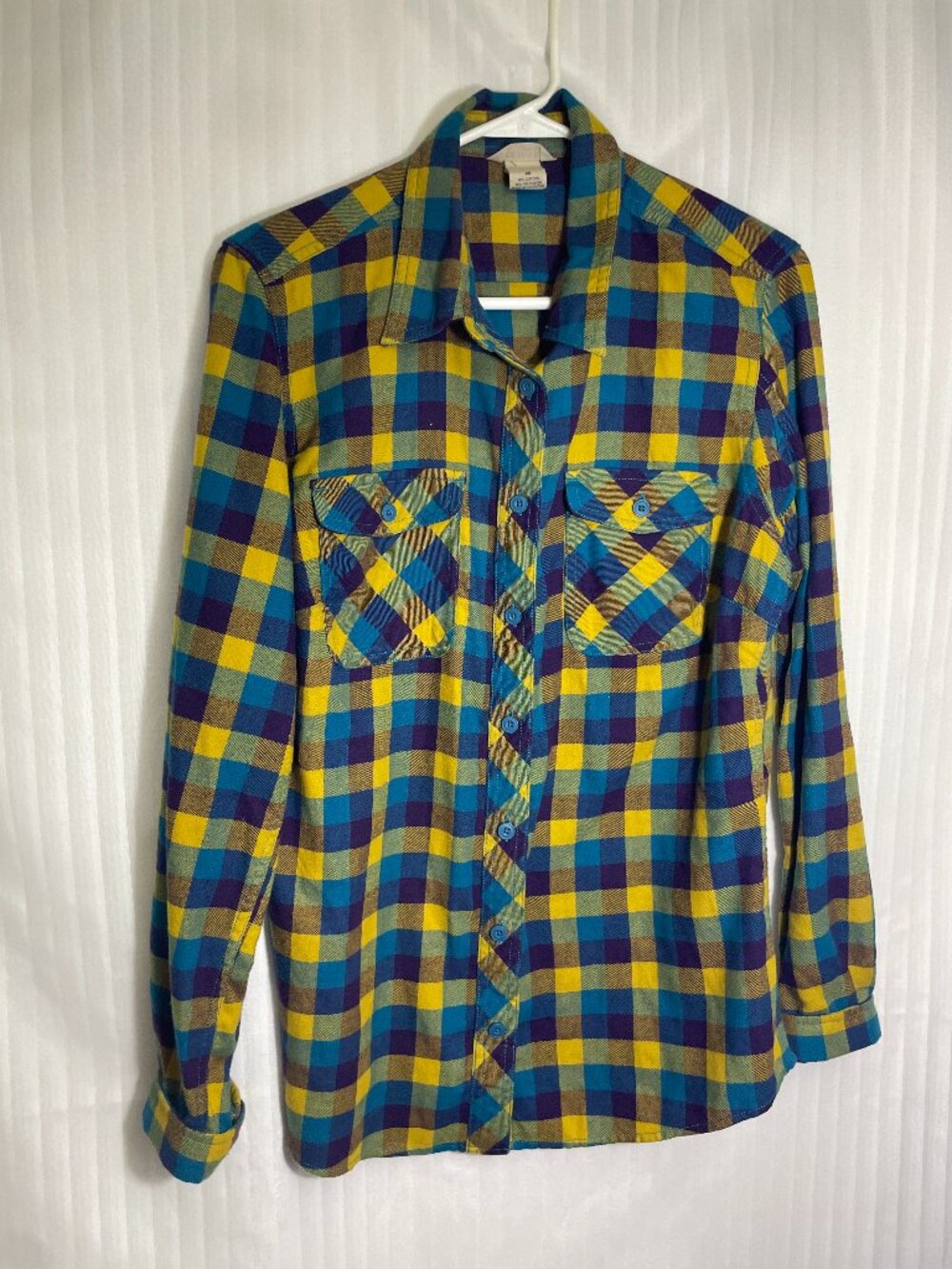 Duluth Trading Womens Medium Plaid Button Up Shirt Blue Yellow Cotton Blend